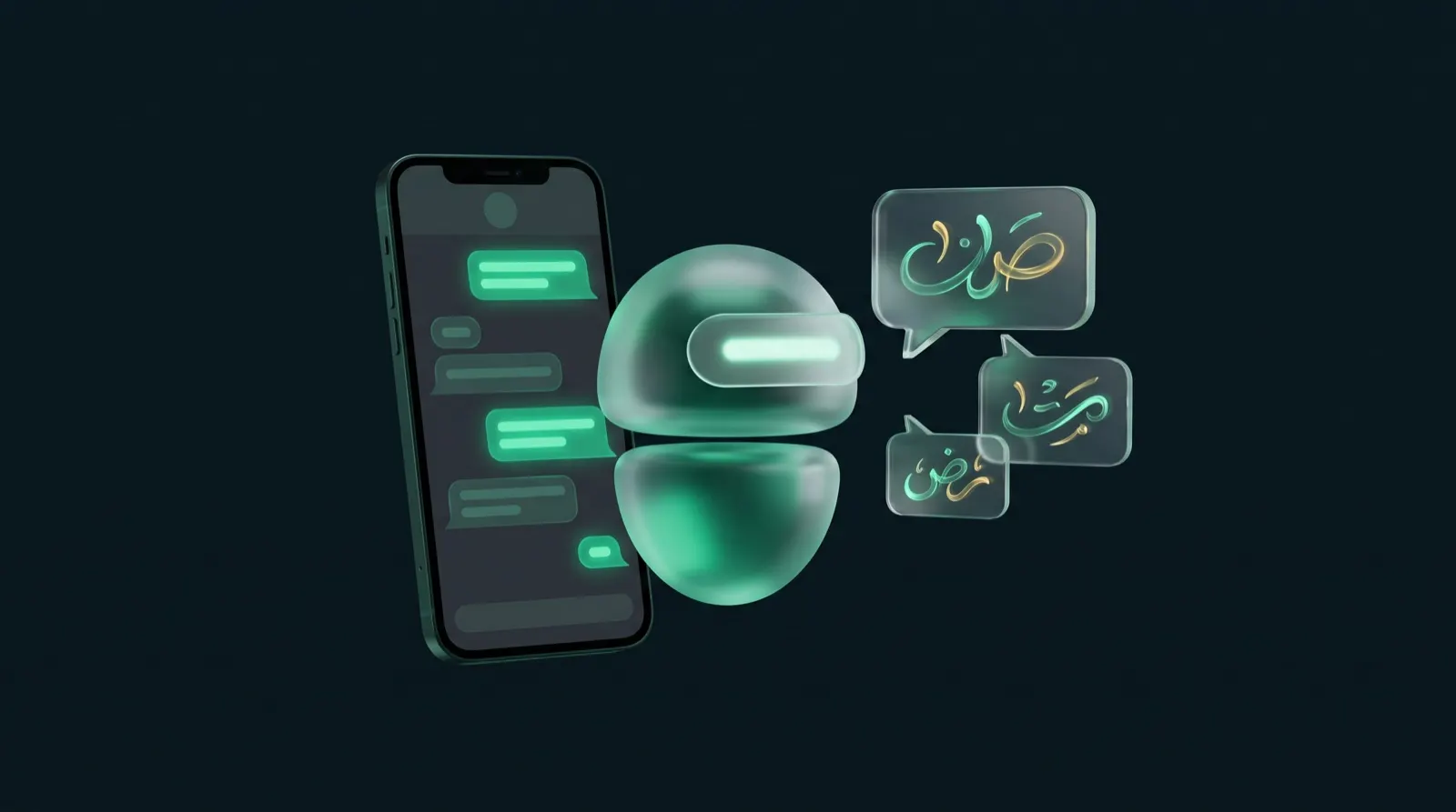 Tête de robot en verre lumineux à côté d'un smartphone affichant une conversation WhatsApp