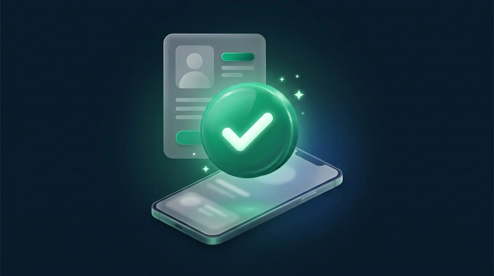 Badge vert brillant avec une coche blanche flottant au-dessus d'un smartphone
