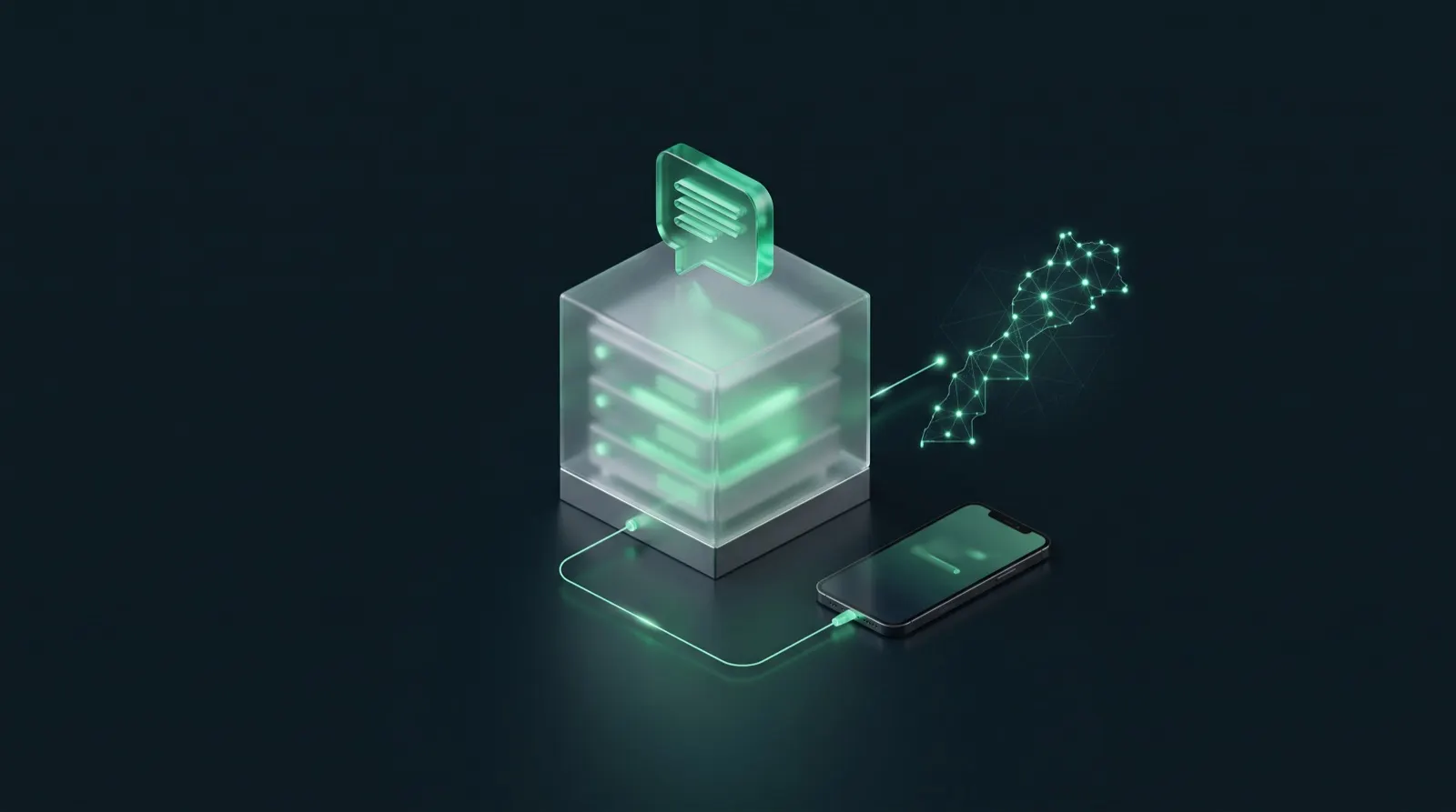 Module serveur en verre relié par des lignes lumineuses à un smartphone et à une carte du Maroc