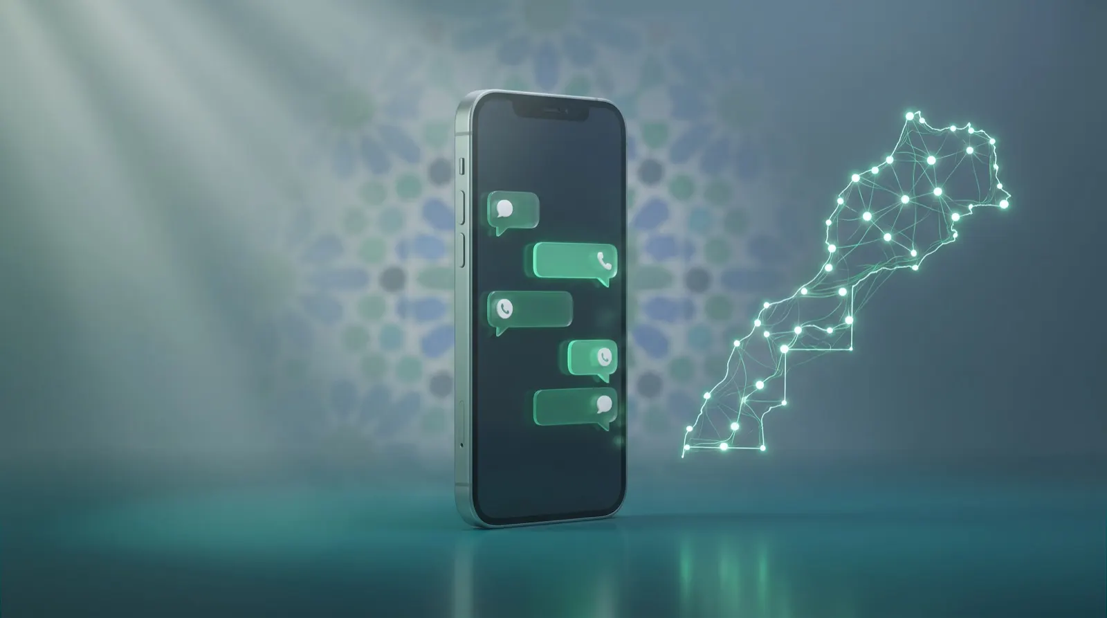 Smartphone avec une conversation WhatsApp Business devant une carte du Maroc