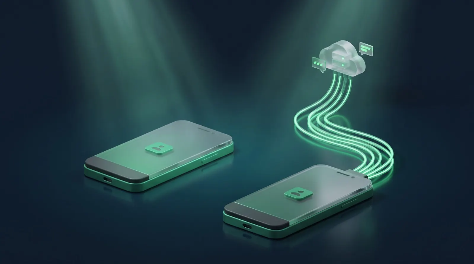 Deux smartphones côte à côte, l'un seul et l'autre relié à un serveur par des câbles lumineux
