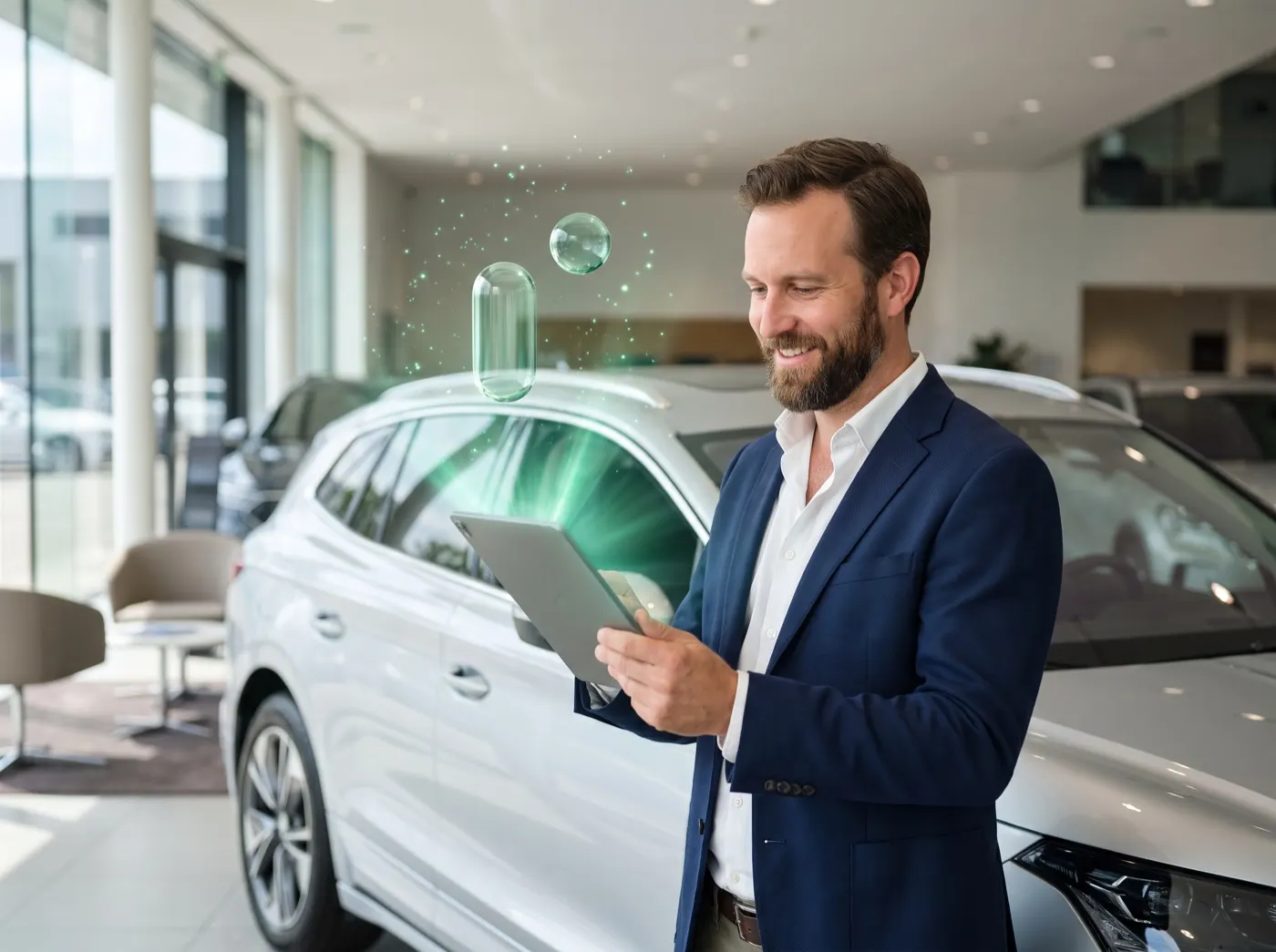 Conseiller commercial répondant à un client sur sa tablette dans un showroom automobile, un faisceau vert dessinant le glyphe Risala
