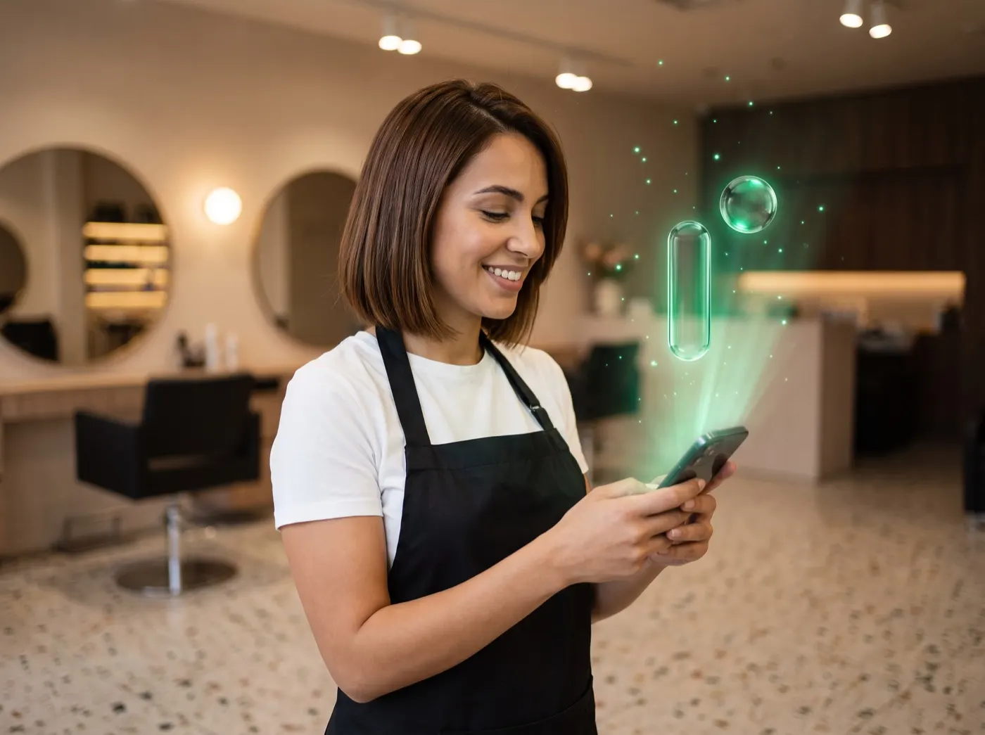 Gérante de salon utilisant WhatsApp Business sur son téléphone