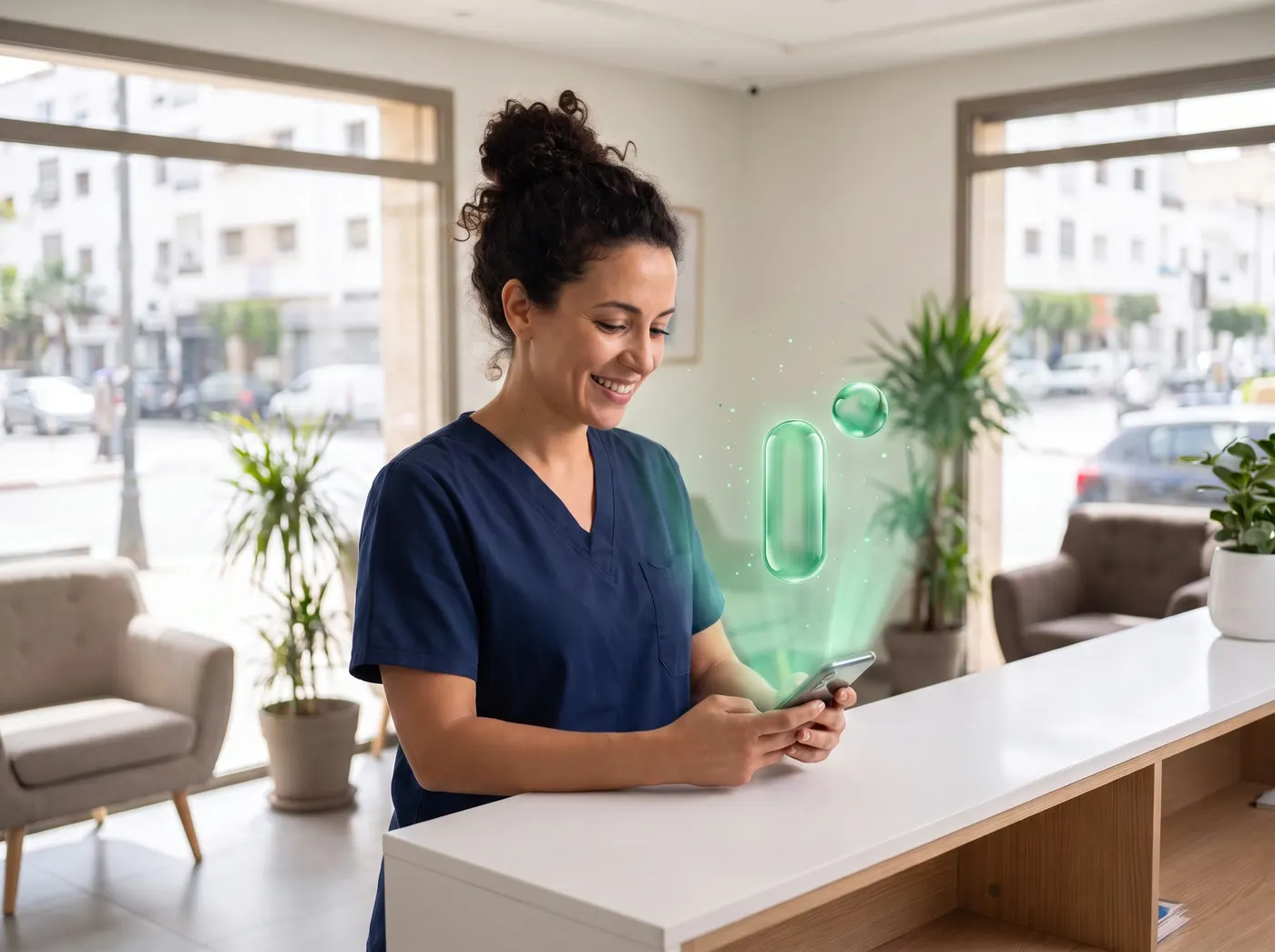 Réceptionniste d’une clinique moderne confirmant un rendez-vous sur son téléphone, un faisceau vert dessinant le glyphe Risala