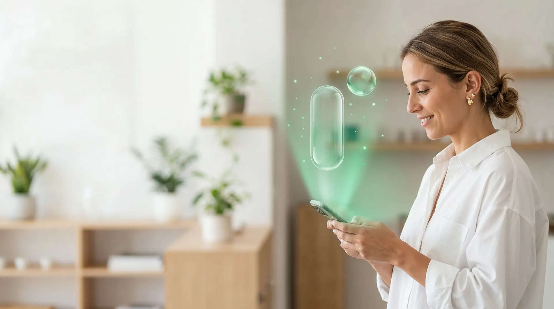 Une commerçante sourit à un message sur son téléphone ; un faisceau vert en sort et dessine le glyphe Risala