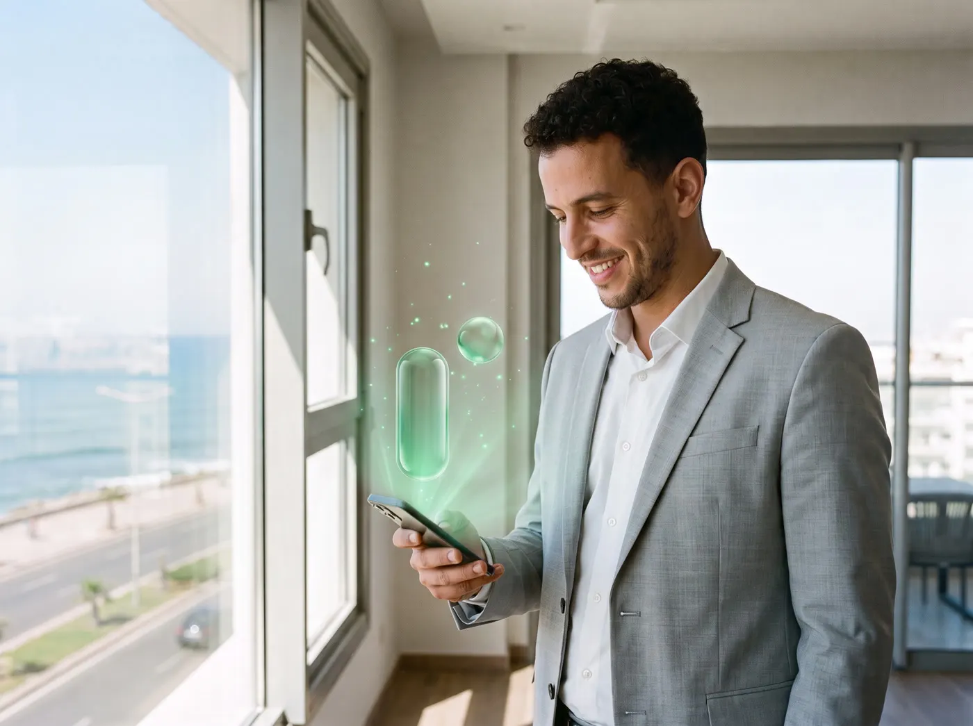 Agent immobilier dans un appartement neuf face à la corniche de Casablanca, téléphone en main, un faisceau vert dessinant le glyphe Risala