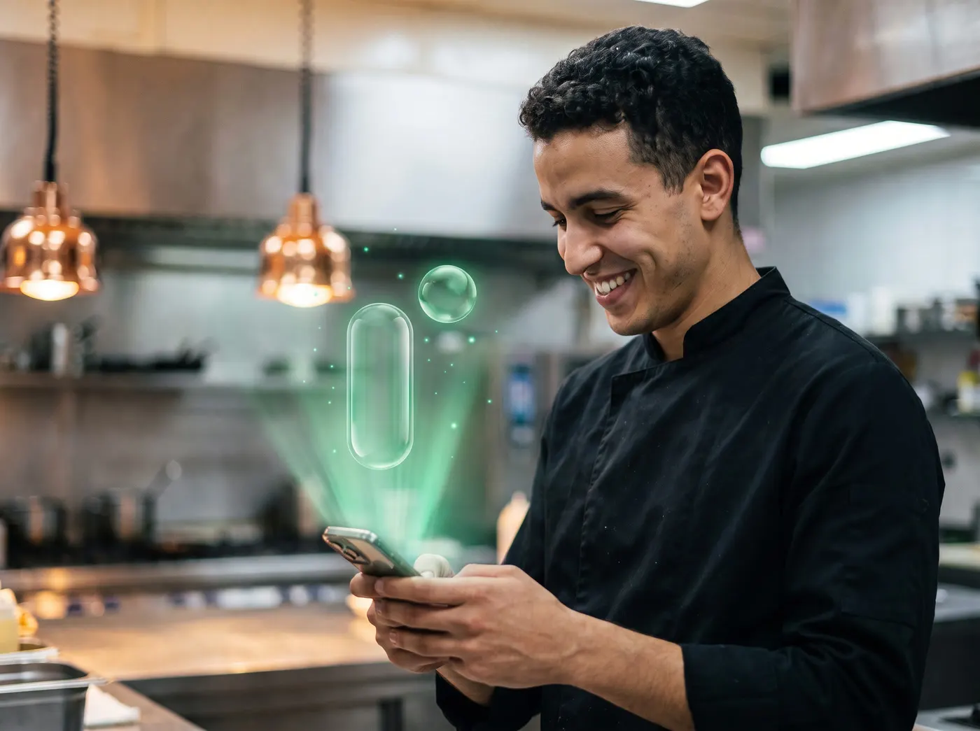 Chef lisant une commande sur son téléphone dans une cuisine ouverte, un faisceau vert dessinant le glyphe Risala