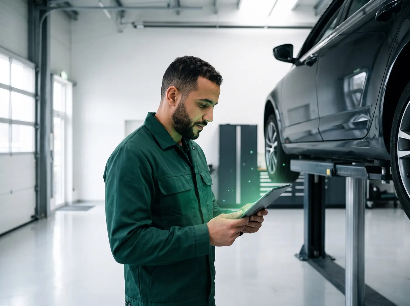 Conseiller commercial répondant à un client sur sa tablette dans un showroom automobile, un faisceau vert dessinant le glyphe Risala