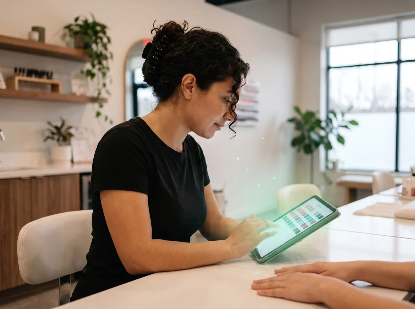 Coiffeuse confirmant une réservation sur son téléphone dans un salon moderne, un faisceau vert dessinant le glyphe Risala