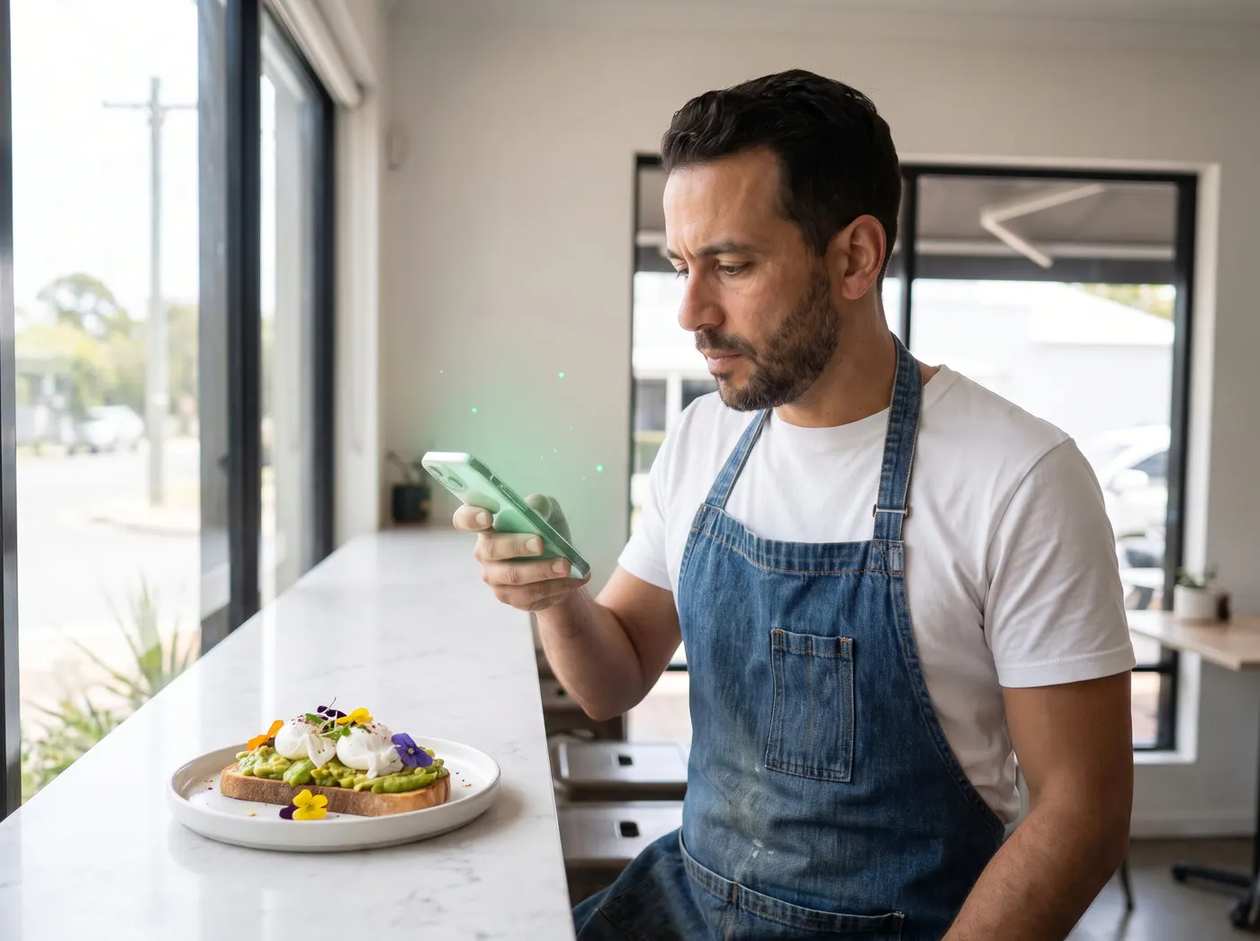 Chef lisant une commande sur son téléphone dans une cuisine ouverte, un faisceau vert dessinant le glyphe Risala